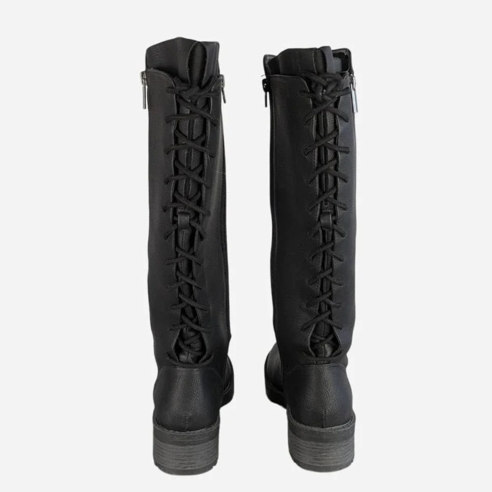 Kensie Dermott Back Lace-Up Knee High Riding Boot Black Size 8.5